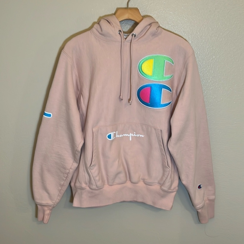 Champion Light Pink Reverse Weave Double C Logo Hooded Pullover Sweatshirt